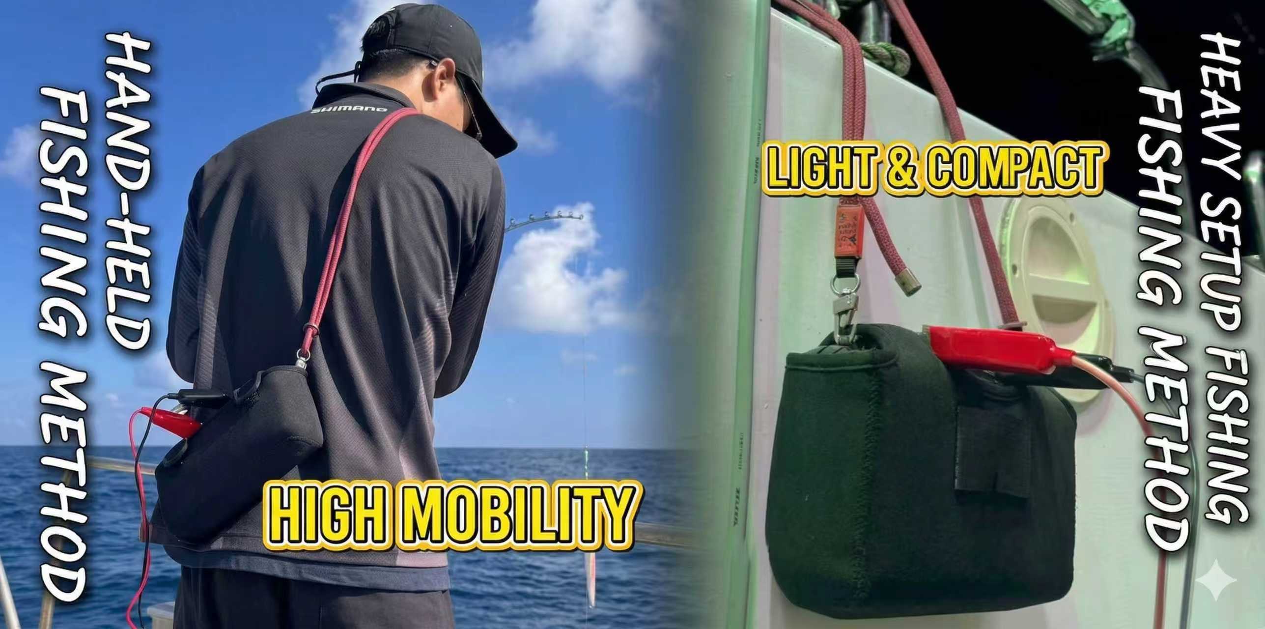 Portable battery carried during active offshore fishing use